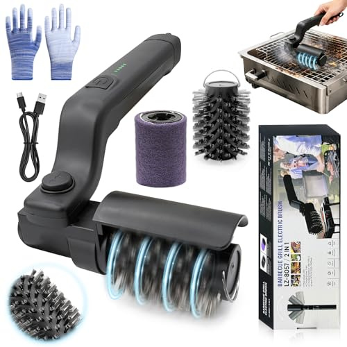 VEEKAY Brosse Électrique pour Barbecue sans Fil, Tête Réglable à 180°, 3 Vitesses,Deux Têtes en Acier INOX et Nylon