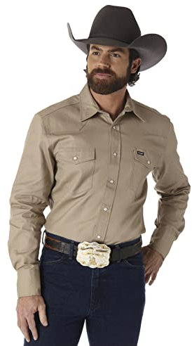Wrangler Herren Westernhemd, Cowboy-Schnitt, Zwei Taschen, langärmelig, mit Druckknöpfen – festes Finish – B&T - Khaki - X-Large Hoch