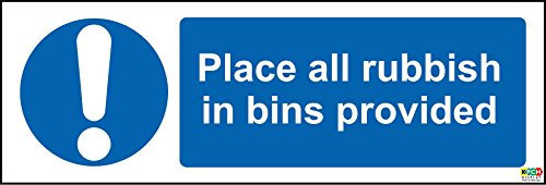 Place All Rubbish in Bins provided Safety Sign - 1.2mm Rigid Plastic 300mm x 100mm