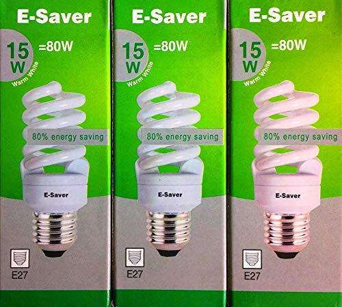 E-Saver - CFL Full Spiral - Energy Saving Light Bulbs -15w = 80 Watt - (Pack of 3) - Warm White 2700k - Screw in Cap - Screw Edison (ES - E27 Bulb)