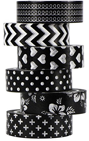 UOOOM 6 Rolls 10M x 15MM Washi Tape Set Masking Tape Schwarz Weiß Muster Dekoband Klebebänder DIY Scrapbook deko (Schwarz)