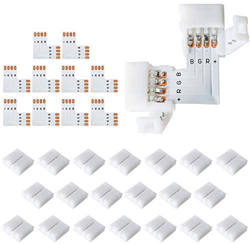 JACKYLED 10Pcs LED Strip Connectors L Shape 4-Pin with 22Pcs Connector Clips, 10mm Wide RGB Splitter Right Angle Corner Connector Solderless Gapless Adapter for RGB SMD 5050 3528 LED Light Strips