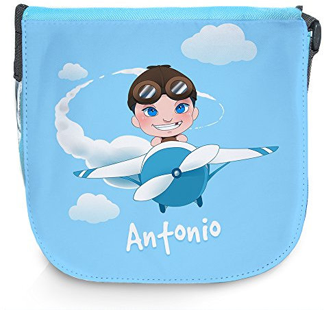 Umhängetasche für Kinder mit Namen Antonio und schönem Motiv mit Pilot und Flugzeug | Schultertasche für Jungen