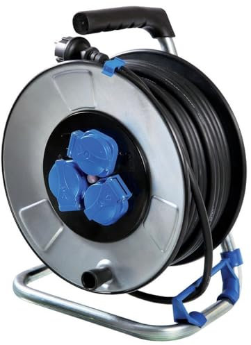 as - Schwabe Metallkabeltrommel 50 m H07RN-F 3G1,5 - IronCoat Schutzisolierung - 3 Schutzkontaktsteckdosen mit Klappdeckel - 230V 16A - entspricht BGI608 - IP44, Made in Germany, 20325