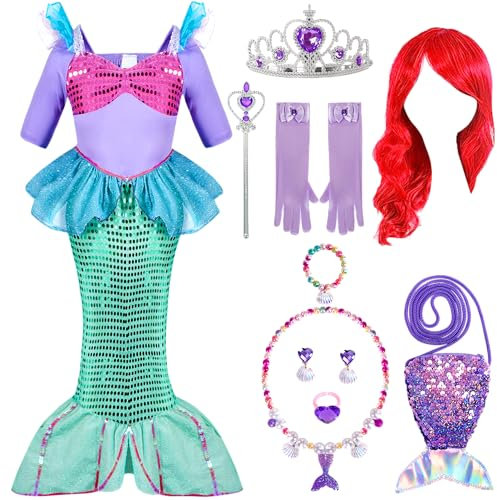 Spooktacular Creations Meerjungfrau Kostüm Mädchen Prinzessin Meerjungfrau Kleid mit roter Perücke und Stirnband für Karneval Party Halloween Weihnachten Cosplay