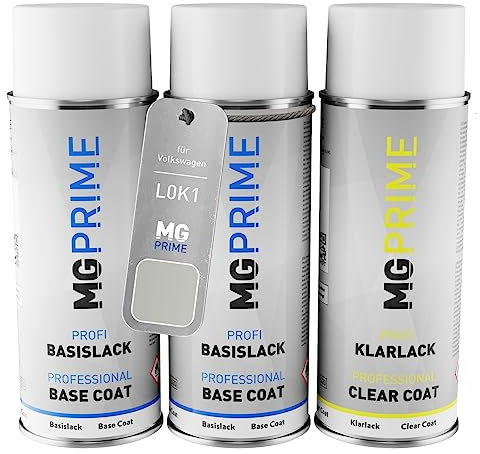 MG PRIME Autolack Sprühdosen Set für Volkswagen VW L0K1 / 0K1 / 0R Oryxweiss Perlmutt/Tofanaweiss Metallic Grundlack Basislack Klarlack Spraydose 400ml