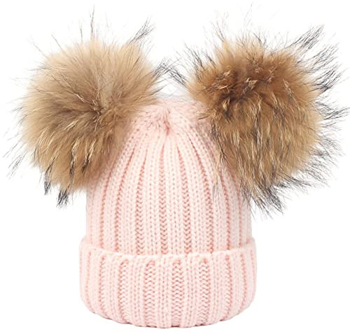 feifanshop Damen Wintermützen Strickmütze Echtfell Waschbär Fell Pelz Bommel Mütze Bommelmütze Beanie Warme Cap Rosa