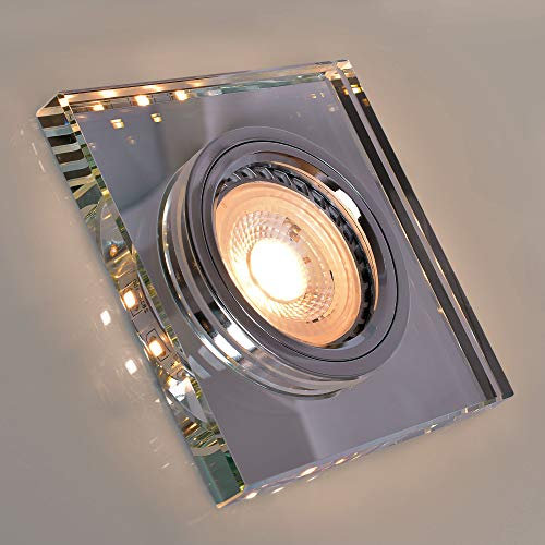 1x Glas Einbaustrahler mit LED Ring 3,5W warmweiß + GU10 Fassung – Eckige Einbauleuchte, Rostfreier Deckenspot, Chrom, inkl. Trafo – 4112