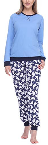 Merry Style Damen Lang Zweiteiliger Schlafanzug aus Baumwolle Pyjama Set Winter MS10-168 (Blau Punkte, S)