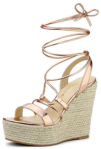 Allegra K Femmes Espadrilles Plateforme Compensées Talon Sandales à Lacets Or Rose 37