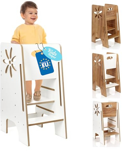 Kitchen Kids Helper Lernturm ab 1 Jahr - Höhenverstellbarer Lernturm Montessori Weiß 80cm - Sicherer Learning Tower für Kinder - Ideal für Küche & Bad - Stabile Konstruktion -Leichter Aufbau