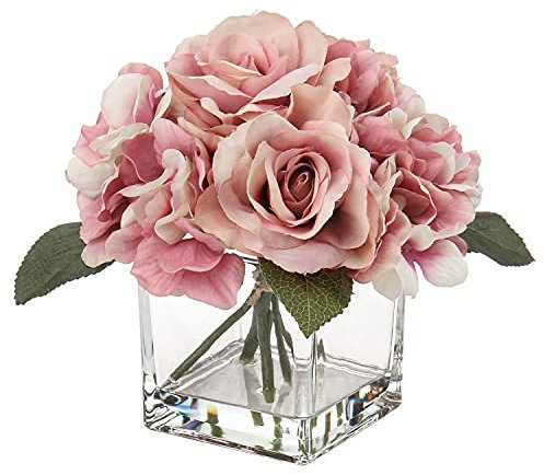 Fiore artificiale con vaso di rose artificiali, ortensie, fiori artificiali, piante artificiali in vaso di vetro, con acqua artificiale