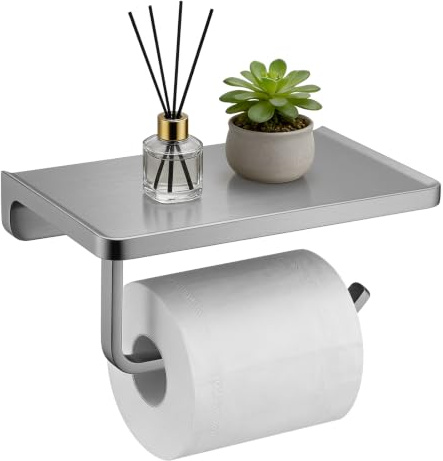 Support de Papier Toilette avec étagère pour téléphone Portable en métal Massif pour Salle de Bain, Distributeur de Rouleaux de Papier Toilette, Nickel brossé