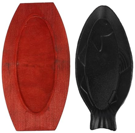 Angoily Small Cast Iron Skillet with Wooden Base, Creative Fish-Shaped Japanese Steak Plate Set for Restaurant Kitchen Cooking Pan Grilling Meats (12.18 X 5.5 X 0.98 inch)