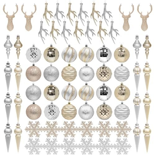 KI Store 69 Stuck Weihnachtskugeln Champagner Set Kunststoff Weihnachtsschmuck Weihnachtsdeko Plastik, christbaumskugeln groß 8cm zapfen 15cm Schneeflocken 12cm (Champagner)