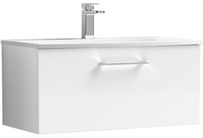 nuie ARN125G Arno Modern Bathroom Wall Hung 1 Drawer Vanity Unit with Curved Ceramic Basin, 800mm, Gloss White