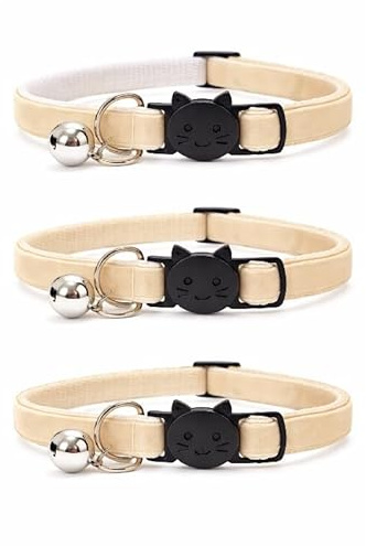 Velvet Cat Collars with Bell. Safe Breakaway Quick Release Buckle. Available in Cat & Kitten Size (Pack of 3) (Cat Collar (20cm - 30cm), Cream Velvet (Pack of 3))