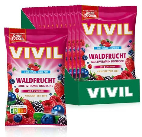 VIVIL Waldfrucht, zuckerfreie Multivitamin Bonbons, 15 x 120 g | Fruchtige Rezeptur, fein abgestimmt, Familienpackung für Zuhause und Büro, Hergestellt in eigener Produktion in Deutschland