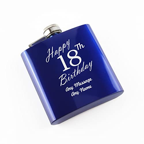 Personalised Engraved 6oz Blue Painted Stainless Steel Pocket Hip Flask, Happy 18th Birthday Design, Gift for Him, Grandad, Happy Birthday Gift, Laser Engraved in The UK