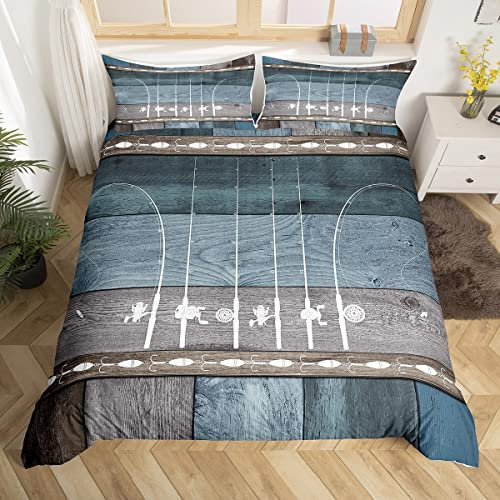 Fishing Comforter Cover Queen Fishing Pole Duvet Cover Fishing Gifts for Men,Vintage Patchwork Wood Bedding Set Go Fish Quilt Cover,Angle Hook Fishing Accessories Rustic Home Decor,Grey Blue