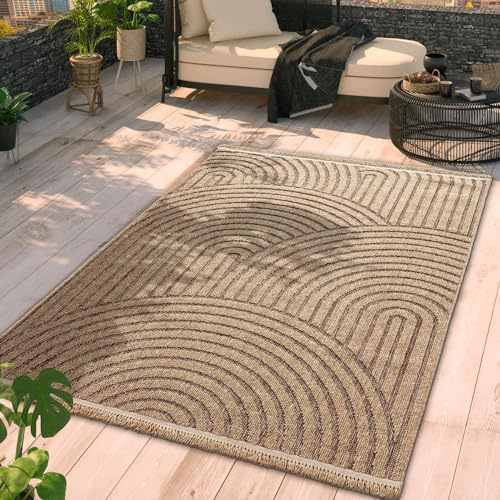 TT Home In-& Outdoor Teppich Wohnzimmer Wetterfest Balkon Boho Blattmotiv 3D Fransen, Farbe:Hellbeige, Größe:80x150 cm