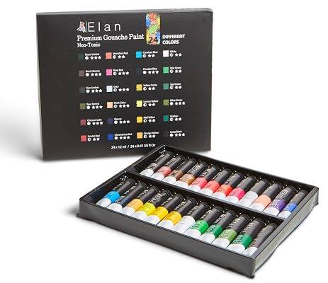 Elan Set de Gouache en Tube - 24 Tubes de 12ml - Kit Peinture pour Adulte - Peinture Toile