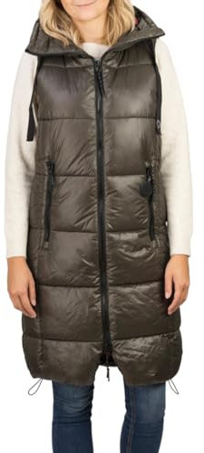 DENIMFY Steppweste Damen lang mit Kapuze Regular Fit DFCaro Weste Knielang Outdoor Reißverschluss Taschen Herbst Winter Grün S, Größe:S, Farbe:Mistletoe Green