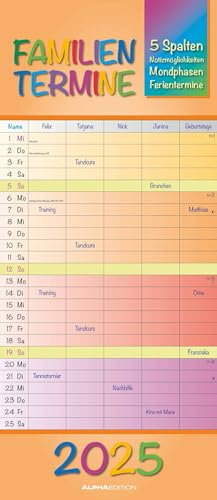 Alpha Edition - Regenbogen 2025 Familienplaner, 19,5x45cm, Familienkalender mit 5 Spalten für Termine, viel Platz für Notizmöglichkeiten, Mondphasen, Ferientermine DE/AT/CH, deutsches Kalendarium