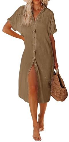 UMIPUBO Women Beach Cover Ups Casual Short Sleeve Beachwear Swimsuit Bikini Cover-Up Button Down Side Split Long Kimonos Bathing Suit Cardigans Beach Dress (Brown, M)