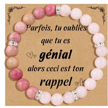 CheersLife Bracelet Femme Femme Bracelet Pierre Naturelle avec Bague en Zircon Cadeau Anniversaire Noel Bracelets Perle Original Cadeau pour Maman Fille Soeur Amie Couple - Quartz Rose