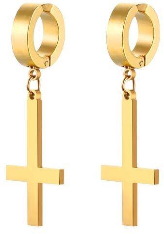 JewelryWe Umgekehrt Kreuz Ohrringe Creolen: Gold Edelstahl Umgedreht Upside Down Kreuz Petruskreuz Non-piercing Ohrclips Ohne Ohrloch Fake Ohrstecker Klappcreolen Huggie Hoop Ohrringe für Herren Damen