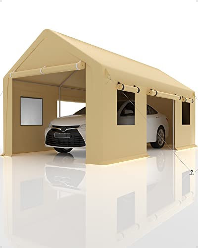 DEXSO Tettoia resistente per carport, pali in acciaio da 1,0 mm e telo in polietilene da 14 mil, con porte anteriori e posteriori, 2 porte laterali e 4 finestre, garage portatile per pick-up e barca,