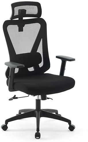 Bravich Mesh Ergonomic Office Chair. Black Fabric Desk Chair With Adjustable Headrest, Back Rest, Folding Arms & Lumbar Support. Swivel Computer Chair For Office, Home Study & Gaming - (116-126cm)