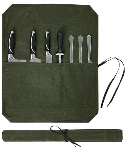 Kochmesser Rolltasche, Köche Messertasche mit 7 Fächern, Aufbewahrungstasche für Küchenmesser, Messerkoffer für Messer und Löffel, Gewachstes Canvas Messeraufbewahrung für Camping, Wandern (Armeegrün)
