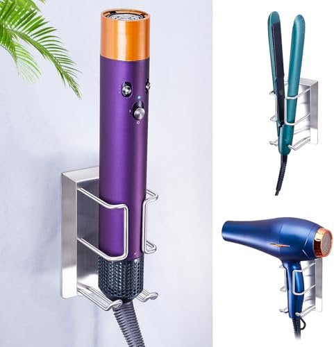 WAYASI Hair Dryer and Straightener Holder, Hairdryer Holder for Curling Iron Straightener, SUS304 Stainless Steel HairDryer Holders Self Adhesive Hair Tools Organiser