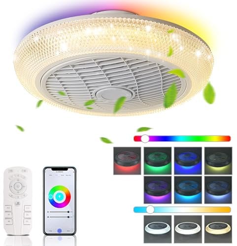 19RGB Color Changing Ceiling Fan with Light 360°Blowing Air,3-Color Temperature Fan Light,Dimming Flush Mount Ceiling Lights with Remote,Suit for Bedroom,Kid's Room,Living Room(Also APP Control)