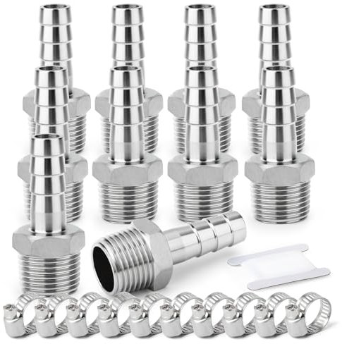 ERGAOBOY 10 piezas de acero inoxidable 304 14mm OD Barb a 1/2 BSP barb de manguera macho, el agua de compresión de accesorios, industrial