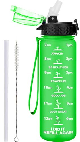 GOPPUS 500ml/17oz Kids Water Bottles with Straw Tritan Childrens Bottle with Flip Top Lid BPA Free Measured Drinks Bottles with Strap for School Girls Boys Sports Reusable Time Markings Leakproof