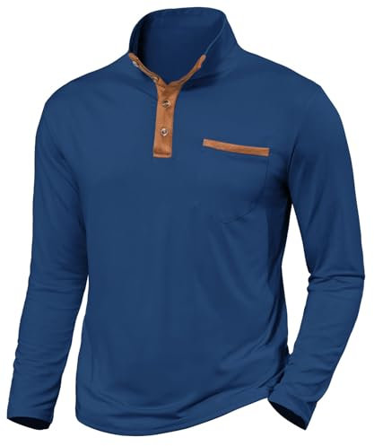 Halfword Long-Sleeve T-Shirts Mens Polo Henley Shirts Golf Grandad Collar Tops Pocket Casual Regular Fit Navy XXL