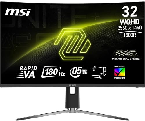 MSI MAG 32CQ6PF Écran Gaming incurvé FHD de 32 - Dalle Rapid VA 2560 x 1440 1500R, 180 Hz / 0,5ms -GtG, DisplayHDR 400, Adaptive Sync, DP 1.4, HDMI 2.0 CEC