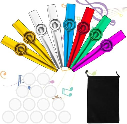 JOZMMZEOOA Kazoo Metall Kazoo Set 8 Stück Metall Kazoo mit 16 Flötenmembranen und 1 Aufbewahrungstasche Kazoo Instrument Einfach und leicht zu erlernen für Erwachsene und Musikliebhaber Anfänger