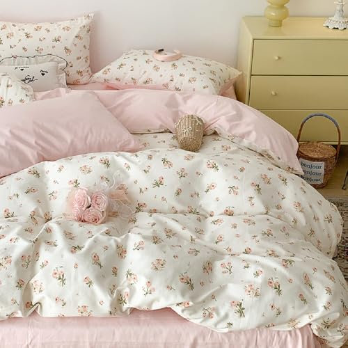 Lanqinglv Bettwäsche 220x240 cm Rosa Weiß Blumen Blätter Wende Bettwäsche für Allergiker,Aesthetic Bettwäsche Set ÖKO-TEX Bettbezug mit Reißverschluss und 2 Kissenbezug 80x80 cm