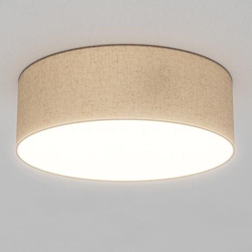 LQWELL Deckenlampe Stoff, Deckenleuchte Rund mit Leinen Lampenschirm, E27 Fassung x 6, max.50W, Ø50cm x H10cm, Naturfarbe, für Wohnzimmerlampe Schlafzimmerlampe Deckenbeleuchtung