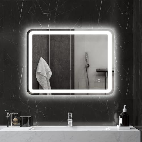 HOMCOM Badspiegel, 60 x 80 cm LED Spiegel mit Touch-Schalter, Memory-Funktion, Wandspiegel Beschlagfrei Lichtspiegel mit 3 Lichtfarben, Silber
