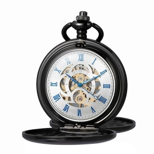 Kchss Mechanische Taschenuhr mit Kette, Retro, glatt, klassischer Handaufzug, römische Ziffern, für Damen und Herren