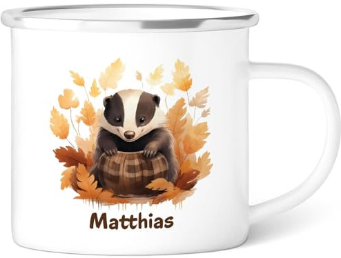 GRAVURZEILE Emaille Tasse für Kinder - Tiere Dachs - Personalisiert mit Namen - versch. Tiermotive zur Auswahl - 300 ml - Trinkbecher für Kinder - Geschenk für Jungen & Mädchen