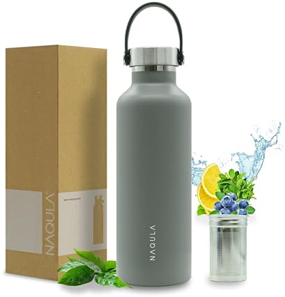 NAQULA® Thermosflasche 500 ml mit Tragegriff und abnehmbarem Sieb f Tee od Früchte. Edelstahl Trinkflasche auslaufsicher, kohlensäurehaltige Getränke geeignet, Isolierflasche heiß und kalt. (Grau)