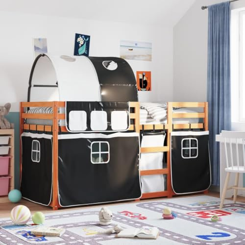 Teenpull Etagenbett aus massivem Kiefernholz, 90x200 cm, mit Tunnel und Vorhängen in Weiß-Schwarz, für Kinderzimmer, stabil & sicher