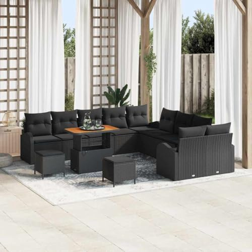 Qnhdfrt 4 teiliges Outdoor Sofa Set Modulares Rattan Sitzgarnitur mit Holztisch Schwarz für Garten Balkon Lounge