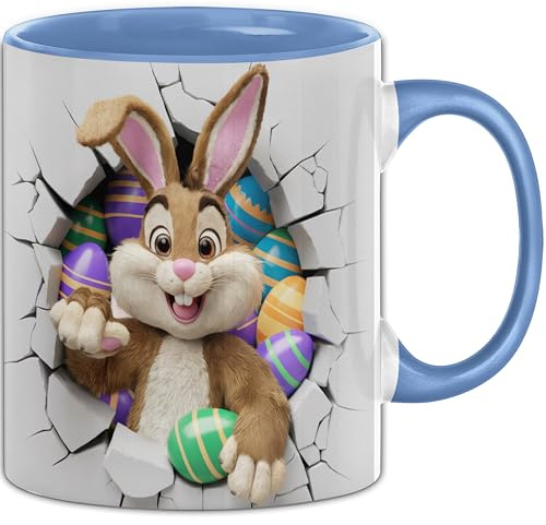 3D Osterhase Tasse Geschenk Osterhase Durchbruch Wand Spruch Geschenkidee für Osterhasen Liebhaber (Blau)